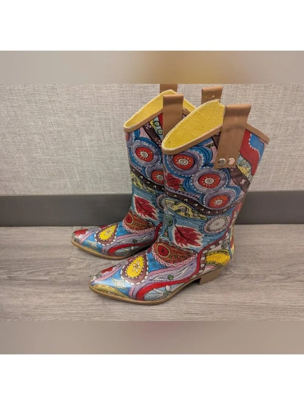Rain Bops By Beehive Colourful mosaic funky Cowboy Boot Rain Boots USA 8